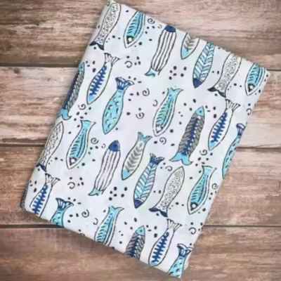 Blue fish hand block printed cotton fabric fish print cotton fabric for clothing